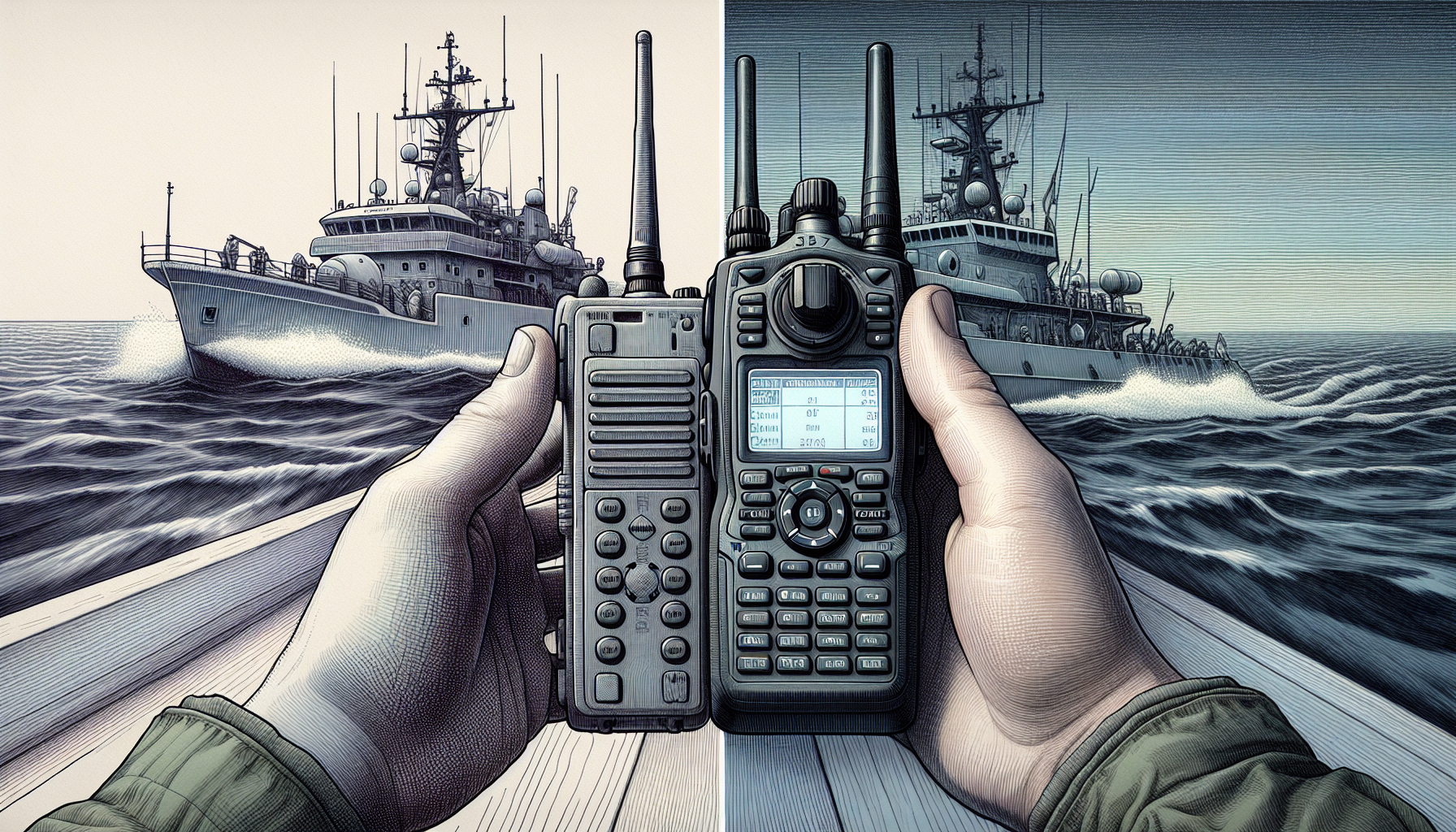 Illustration comparing handheld and fixed-mounted VHF radios